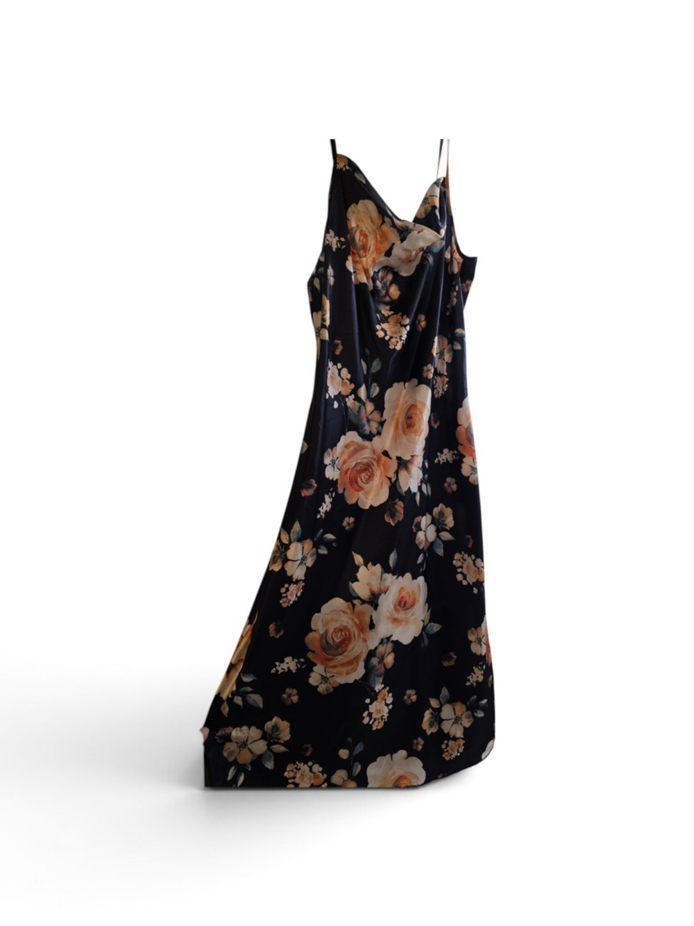 bebe Black Floral Slip Maxi Dress with Peach Blooms
